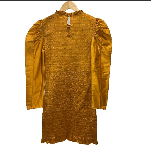 ULLA JOHNSON Aurele dress gold mini silk 4 puff sleeve smocked shirred NWOT - Picture 10 of 15